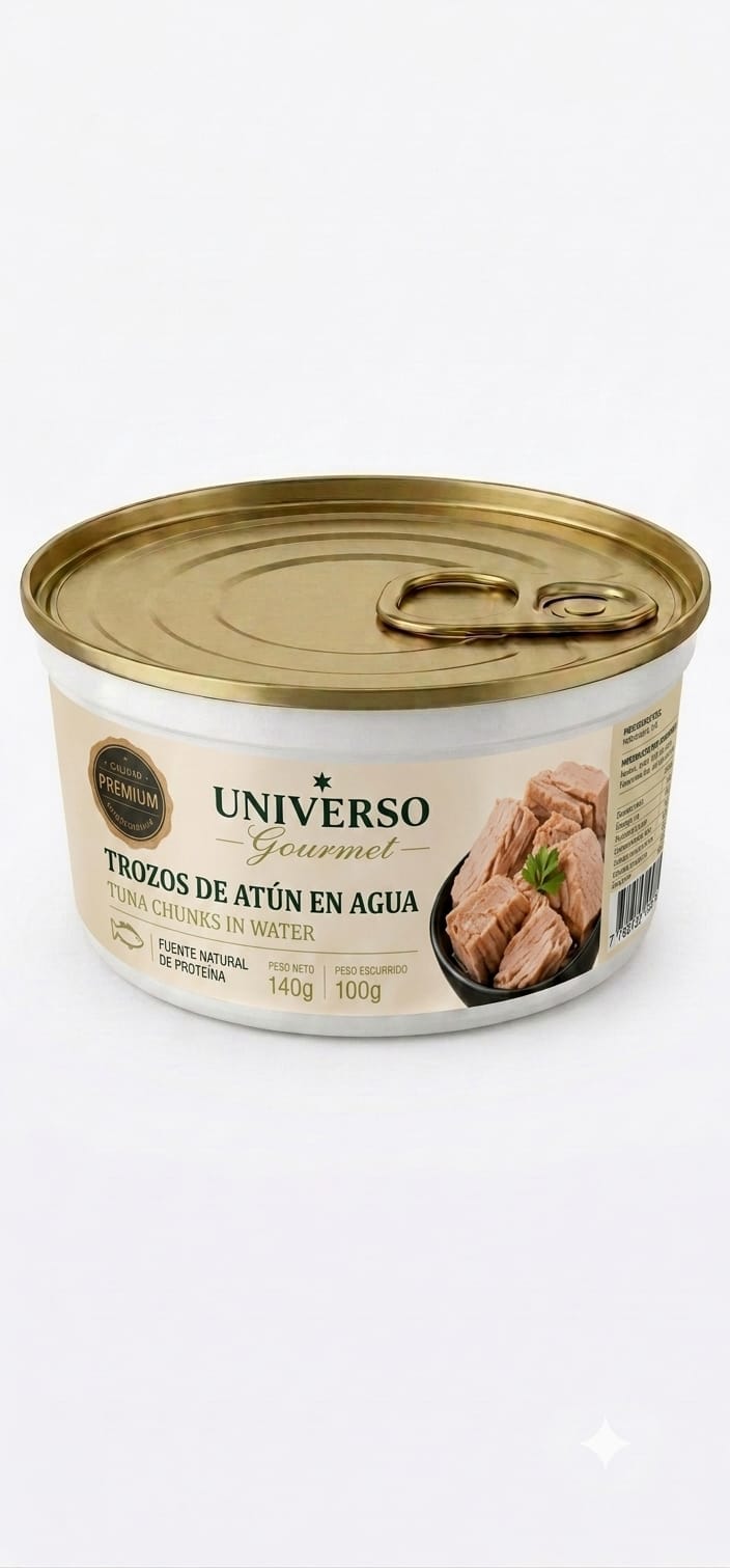 Trozos de atún en agua en envase plástico